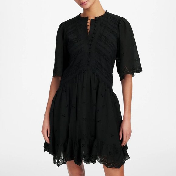 Madewell Eyelet Flutter Sleeve Mini Dress in Cotton in Jet Black - Picture 1 of 5